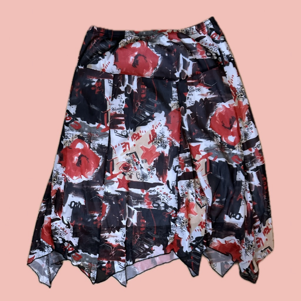 Abstract red black print midi skirt – asymmetrical hem, flowy lightweight fabric